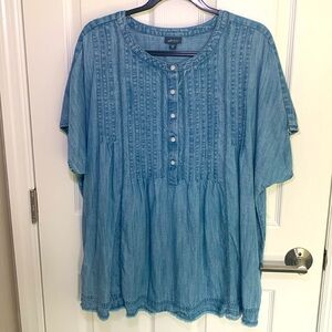 J Jill denim button front pleated short sleeve top size extra large